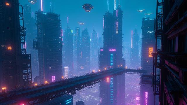 Modelado 3D de una futurista ciudad cyberpunk con efectos visuales complejos